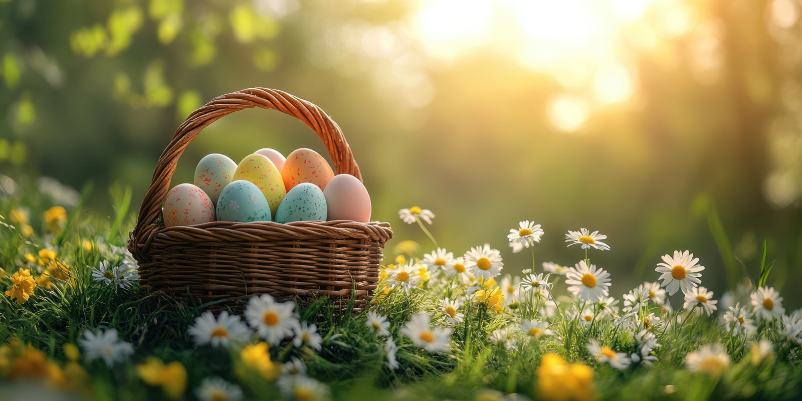 Colorful Easter eggs in a woven basket among blooming flowers at sunset in a serene garden setting
